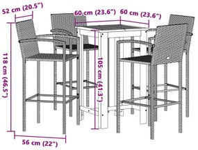 5 pcs conjunto de bar p/ jardim acácia maciça/vime PE cinzento