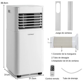 Ar Condicionado portátil 9000 BTU 4 em 1 com ventilador e desumidificador Rodas de controle remoto branco