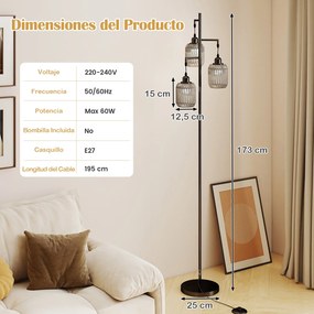 Candeeiro de pé vintage com 3 luzes 25x25x173 cm, abajur de papel tecido, interruptor de pedal, estrutura metálica, para sala, quarto ou escritório, p