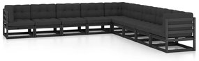 vidaXL 9pcs conjunto longue de jardim c/ almofadões pinho maciço preto