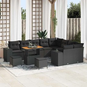Conjunto de Sofá para Jardim de 12 peças com Almofadas Preto Rattan Polímero Acácia