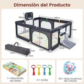 Parque infantil grande para bebés de 188 x 157 cm com aro de basquetebol, baliza, área de jogos com fecho e rede respirável cinzento escuro