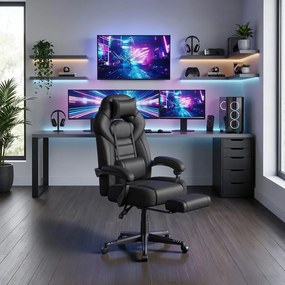 Cadeira de escritório ergonómica com apoio para os pés 70 x 70 x (122-134) cm, cadeira para jogos para o escritório em casa, almofada lombar Preto