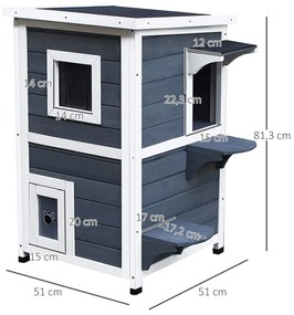 Casa para Gatos de Madeira Exterior Casa para Gatos de 2 Andares com Teto se Abre Janelas e 2 Plataformas para Terraço Balcão Jardim 51x51x81,3cm Cinza