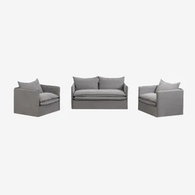 Conjunto De Sala De Estar Com Sofá De 2 Lugares E 2 Poltronas Em Linho E Algodão Grace Tecido Cinzento Escuro - Sklum
