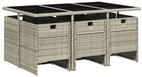 7 pcs conj. jantar p/ jardim c/ almofadões vime PE cinza-claro