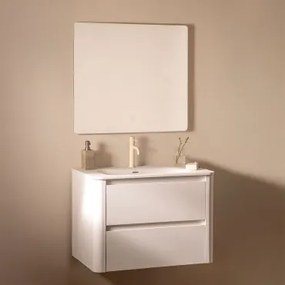 Conjunto De Móvel De Casa De Banho Suspenso Em Madeira Com Lavatório Integrado Egerton Branco & Led Retangular E Anti-embaciamento 80x70 Cm Riben -