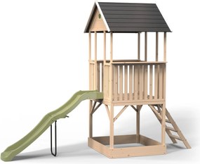 Parque exterior com casa de brincar para crianças Panorama 500 em madeira com escorrega e caixa de areia natural