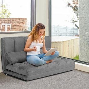 Sofá de chão ajustável Sofá-cama dobrável em 6 posições Revestimento removível em camurça com 2 almofadas Cinza