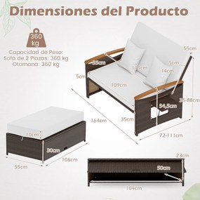 Conjunto de sofá-cama em rattan com pufe com espaço de arrumação, encosto ajustável em 4 níveis e mesas laterais dobráveis para jardim e piscina, bran