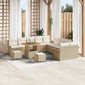Conjunto de Sofás de Jardim com 13 Peças com Almofadas Bege Rattan Poliéster Acácia