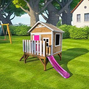 Casa de brincar para crianças 200 x 209,5 x 225,5 cm de madeira em painéis FLAM elevada 60 Com escorrega Rosa