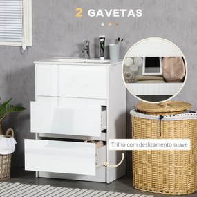 Móvel de Casa de Banho com Lavatório Armário Casa de Banho de Cerâmica Sintética com 2 Gavetas 61x37x88 cm Branco Brilhante