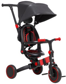 AIYAPLAY Triciclo 3 em 1 para Crianças Triciclo Evolutivo com Capô Dobrável e Guiador Desmontável 96,5x49x101cm Preto e Vermelho | Aosom Portugal