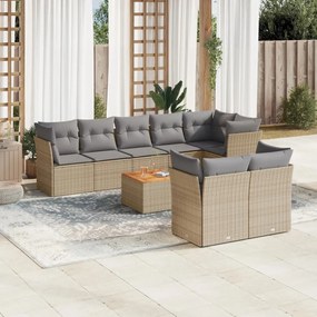 9 pcs conj. sofás jardim c/ almofadões vime PE bege misturado