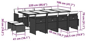 13 pcs conjunto de jantar p/jardim com almofadões vime PE preto