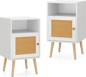 Conjunto 2 Mesas cabeçeira ou mesa Apoio com Estante Aberta e Porta Decorada em Rattan PE para Quarto Sala de Estar 40 x 39 x 70 cm Brancas