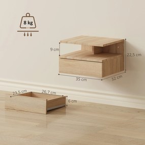 Conjunto de 2 Mesas de Cabeceira Suspensas com Gaveta Montagem na Parede 35x32x22,5 cm Carvalho