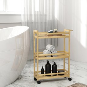 Carrinho para Casa de Banho de Bambu com 3 Níveis Carrinho de Arrumação para Casa de Banho Cozinha 55x20x75 cm Madeira