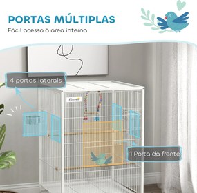 Gaiola para Pássaros com Rodas Poleiros Baloiço Bandeja Removível e Tigelas de Aço Inoxidável  48x46x78 cm Branco