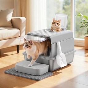 Caixa de areia para gatos em aço inoxidável 60 x 40 x 38 cm, com tampa e pá Cinza claro