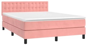 Cama box spring c/ colchão/LED 140x190 cm veludo rosa