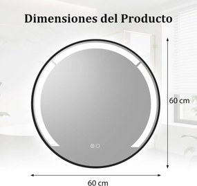 Espelho de banho LED redondo de 60 cm com moldura de alumínio e função antiembaciamento 3 cores de luz e brilho preto
