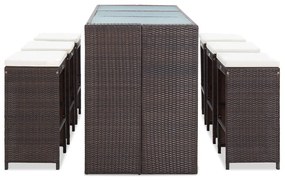 7 pcs conjunto bar para jardim c/ almofadões vime PE castanho