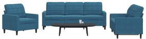 3 pcs conjunto de sofás com almofadões veludo azul