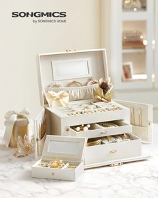 Caixa para joias de 3 níveis 18,2 x 26 x 17,4 cm com revestimento em PU em branco