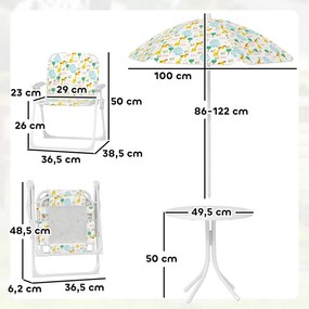 Conjunto Infantil de Mesa e Cadeiras de Jardim 4 Peças Cadeiras Dobráveis Chapéu de Sol Ajustável Design de Elefantes Branco