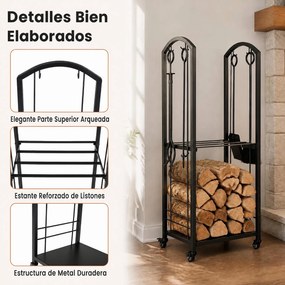 Estante Vertical para Lenha, 46 x 33 x 121,5 cm, Conjunto de Ferramentas, Preto