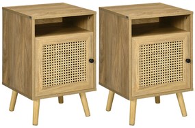 HOMCOM Conjunto de 2 Mesas de Cabeceira com Portas de Vime e Prateleira Aberta Mesa Auxiliar 39x35x60 cm Madeira