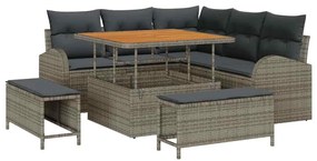 Conjunto de Sofá de Jardim de 8 Peças com Almofadas Cinza Rattan Polié