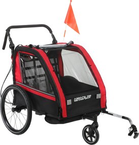 AIYAPLAY Reboque de bicicleta infantil 2 em 1, carrinho de bicicleta para bebé 2 lugares, guidão ajustável, travão de mão, cinto de segurança, vermelho | Aosom Portugal