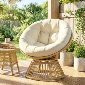Cadeira Papasan giratória a 360° Cadeira de jardim em polirratão Almofada macia de 12 cm 93 x 81 x 87 cm Natural