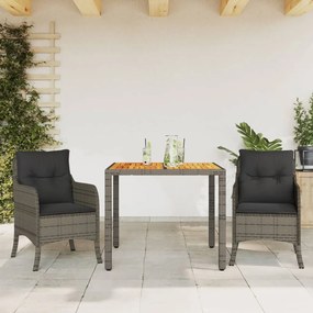 3 pcs conjunto de jantar p/ jardim c/ almofadões vime PE cinza