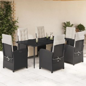7 pcs conjunto de jantar p/ jardim c/ almofadões vime PE preto