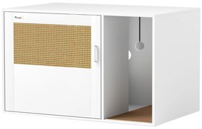 PawHut Móvel Caixa de Areia para Gatos Caixa de Areia para Gatos com Tapete de Arranhar e Porta de Vime 80x50x50 cm Branco | Aosom Portugal