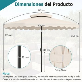 Guarda-sol de 300 cm com inclinação bidirecional de 30° (BASE NÃO INCLUIDA), teto ventilado, 2 camadas, 8 varas metálicas e folhos, para pátio e pisci