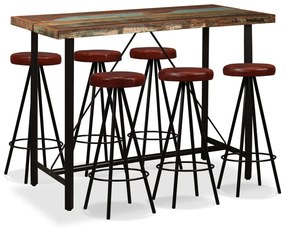 vidaXL Conjunto de bar 7 pcs madeira recuperada maciça e couro genuíno