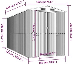 Abrigo de jardim 192x440x223 cm aço galvanizado cinzento-claro