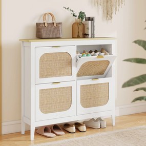 Sapateira Estreita com 4 Portas em Vime e Prateleiras Ajustáveis para 20 Pares de Sapatos 105x24x95,5 cm Branco