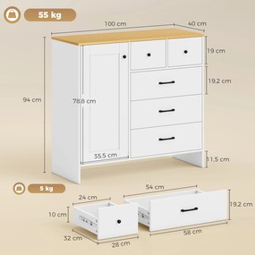 Aparador de cozinha 100 x 40 x 94 cm, móvel de arrumação com 5 gavetas e porta, estilo rústico, branco