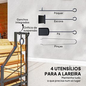 Suporte Metálico para Lenha 2 Níveis com 4 Ferramentas Ganchos e Base Elevada para Interior e Exterior 34x30x80 cm Preto