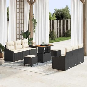Conjunto de Sofá de Jardim vidaXL 9 Peças com Almofadas de Rattan Preto