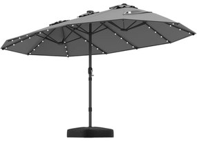 Guarda-sol dupla face de 470 cm com base Areia e 48 luzes LED Painel solar de carregamento automático Mecanismo de manivela Cinzento