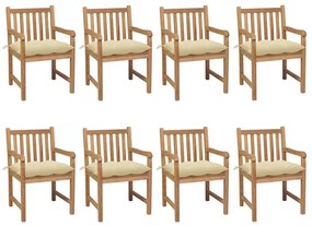 vidaXL Cadeiras de jardim c/ almofadões branco nata 8 pcs teca maciça