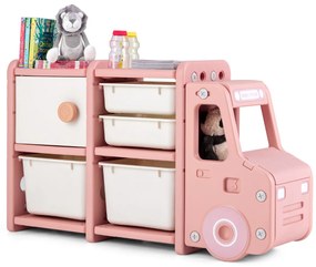 Organizador de brinquedos para crianças Estante infantil em forma de camião com 2 recipientes 2 gavetas Armarios 110 x 32 x 66 cm Rosa