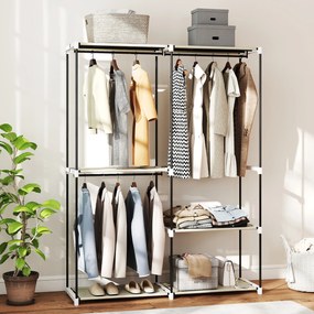 Guarda Roupa Aberto 142x43x185 cm Armário para Roupas com 4 Prateleiras de Tecido 3 Barras para Pendurar Creme